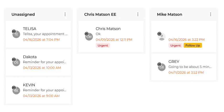 screenshot of multiple conversation threads split between service advisor profiles