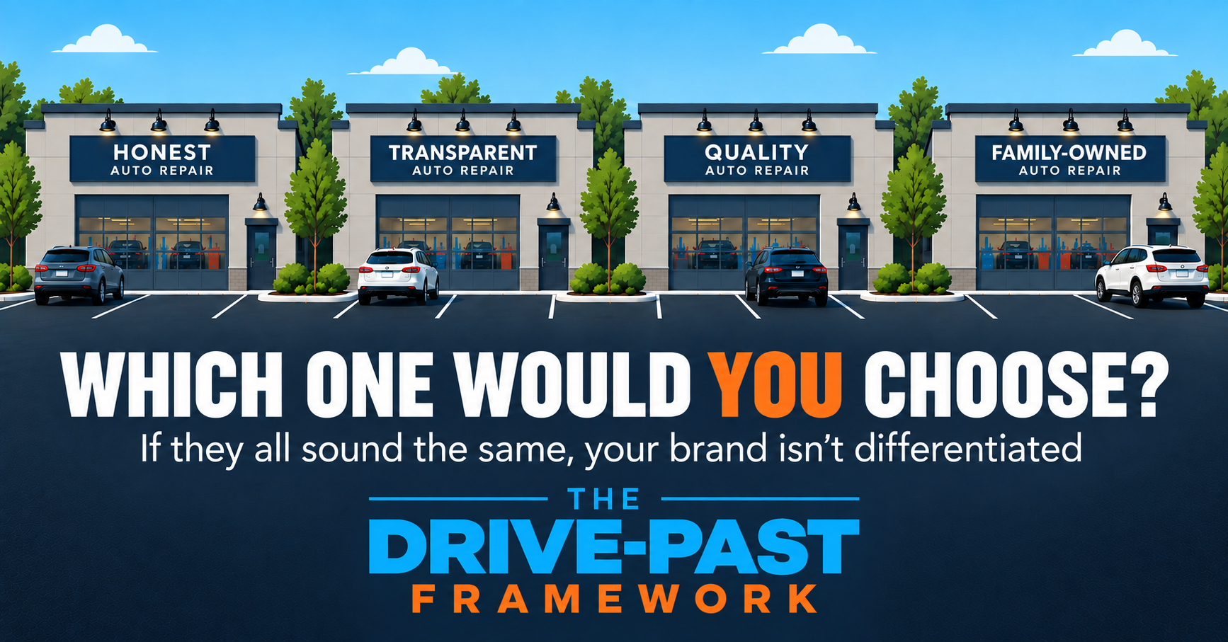 Drive-Past Framework graphic showing four similar auto repair shops labeled Honest, Transparent, Quality, and Family-Owned with the question, “Which one would you choose?”