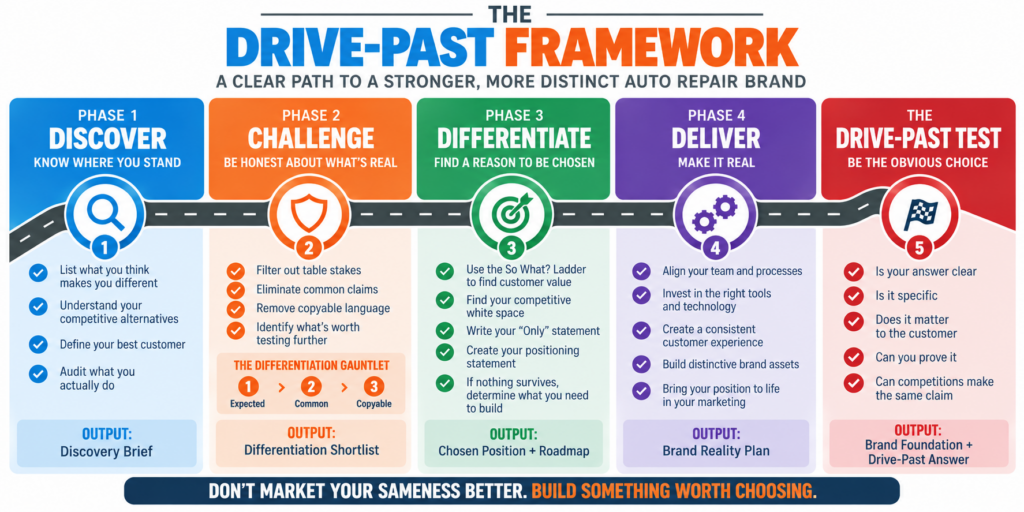 Drive-Past Roadmap showing the steps auto repair shops can use to move from generic messaging to a differentiated brand customers have a reason to choose.